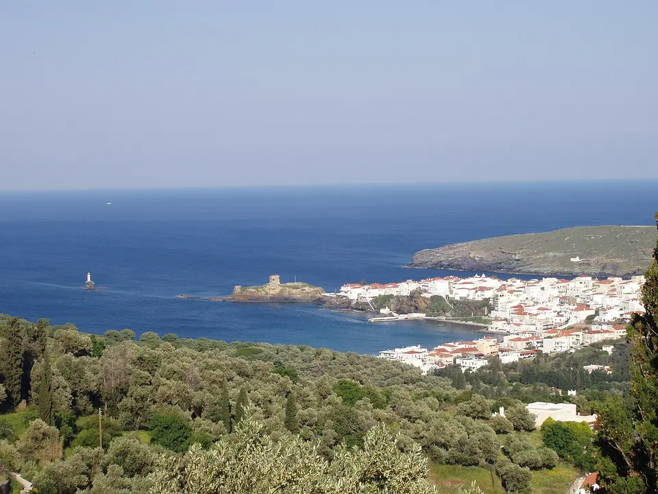 Andros town on the hillside above the Aegean