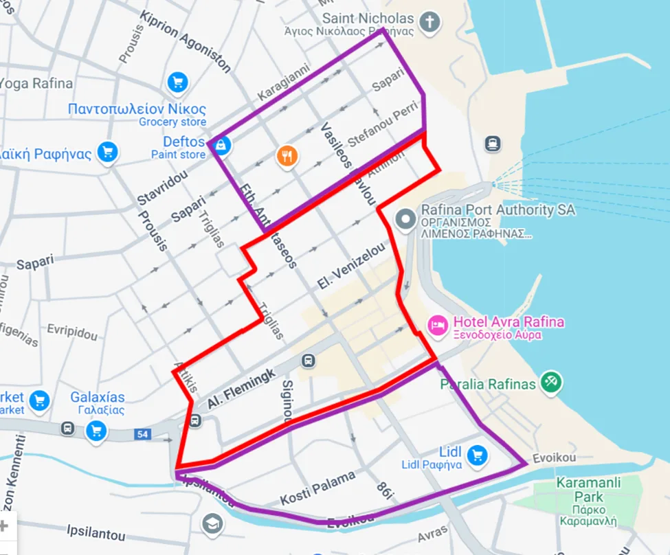 Map of the controlled street-parking zones around Rafina port