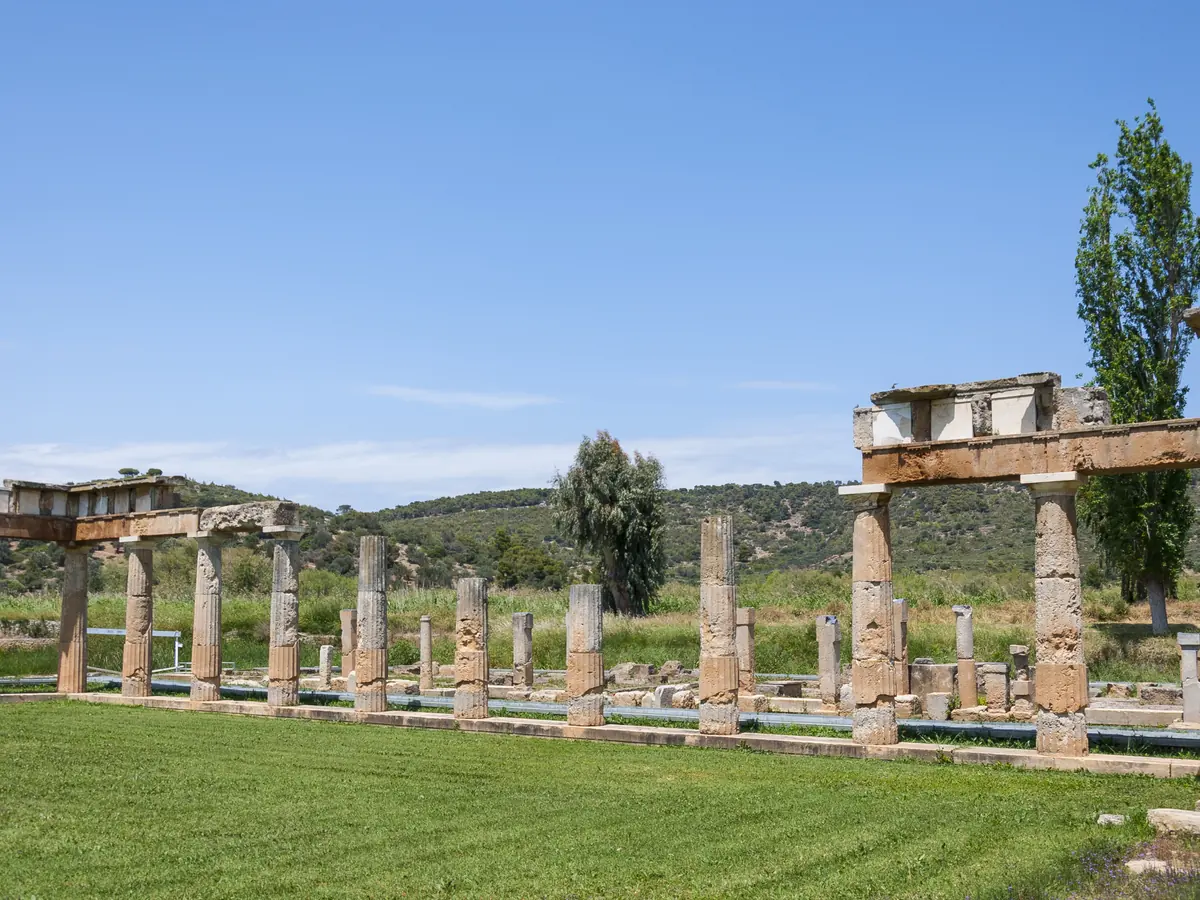 The re-erected colonnade of the Π-shaped stoa at the Sanctuary of Artemis, Vravrona